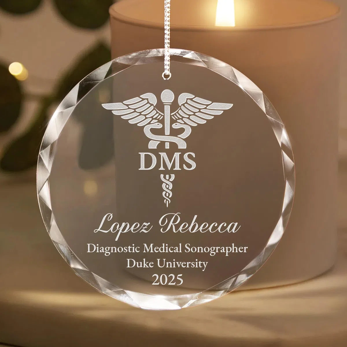 Additional view of a Diagnostic Medical Sonographer personalized engraved engraved crystal glass ornament.