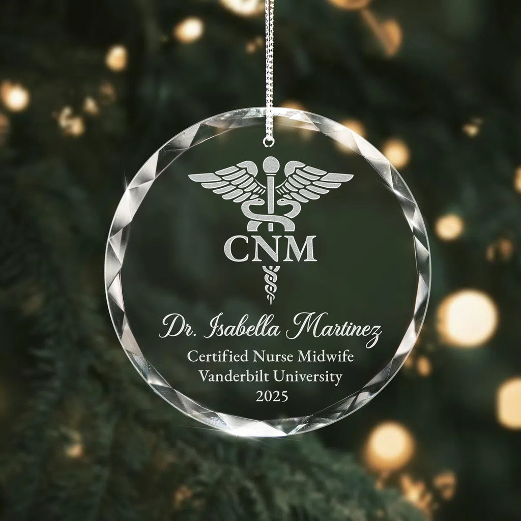 Additional view of a Certified Nurse Midwife personalized engraved engraved crystal glass ornament.