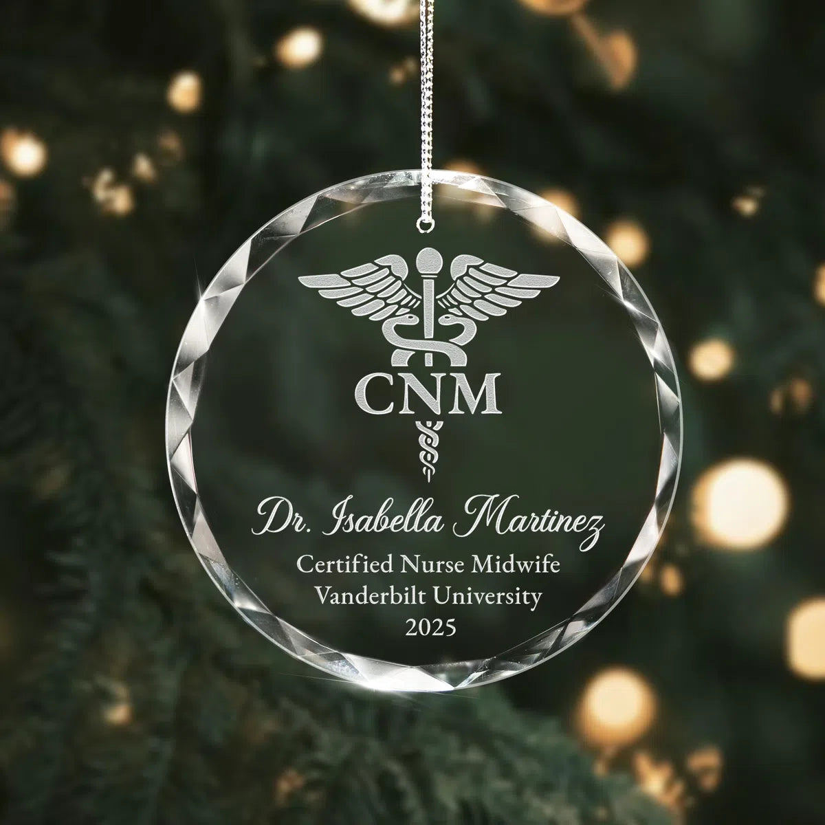 Additional view of a Certified Nurse Midwife personalized engraved engraved crystal glass ornament.