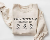 White Crewneck sweatshirt with Custom This Mummy Belongs design, hero view.