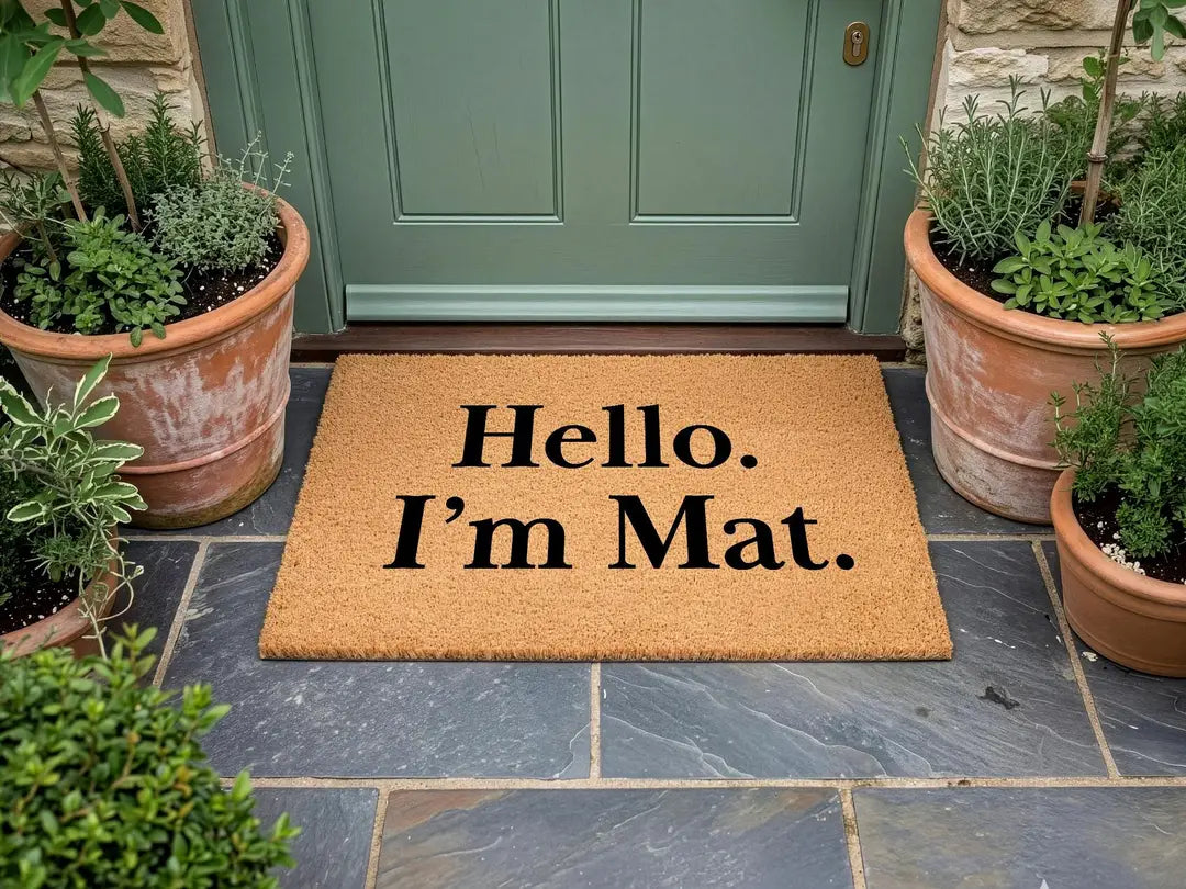 Coir doormat with a Hello I'm Mat message at a sage green door with terracotta herb pots