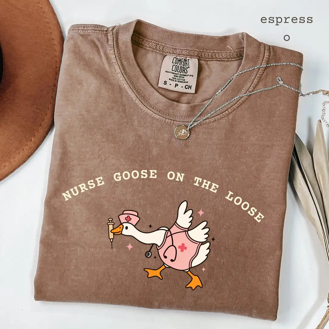 Comfort Colors 1717 T-shirt with Nurse Goose on the Loose design worn by a model view 2
