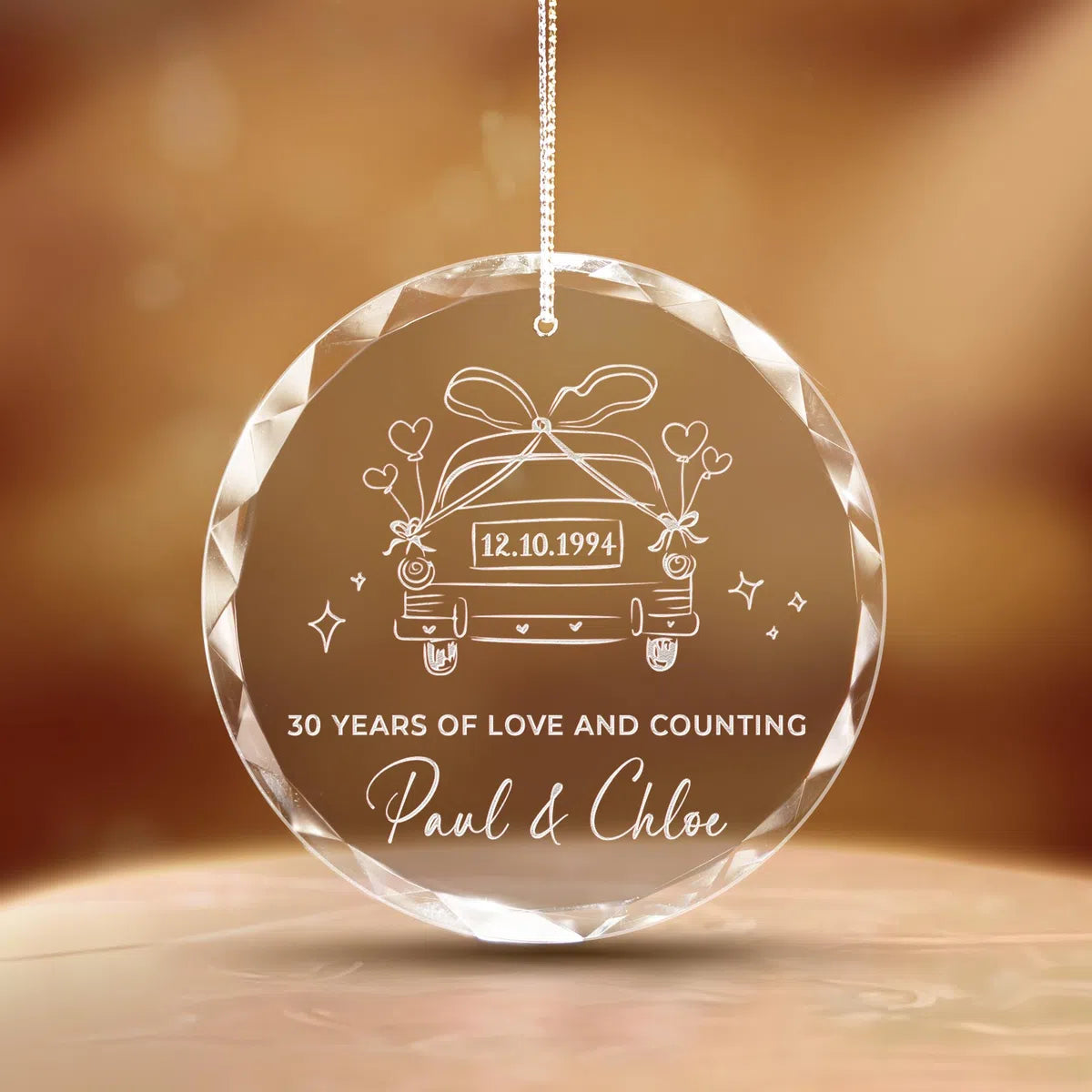 Additional view of a 30th Anniversary personalized engraved engraved crystal glass ornament.