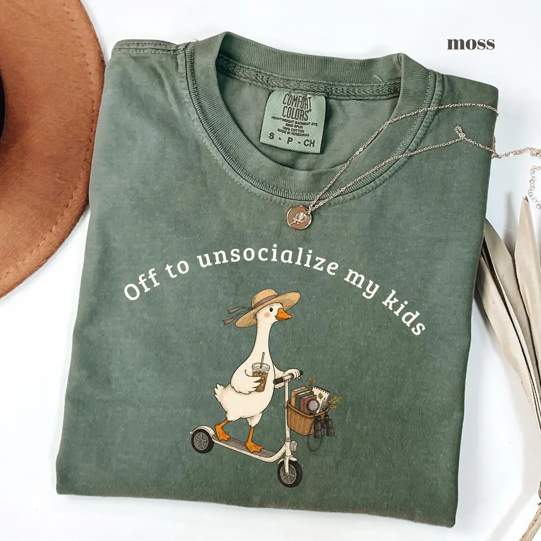 Moss Comfort Colors 1717 T-shirt with Off To Unsocialize My Kids Goose design worn by a model