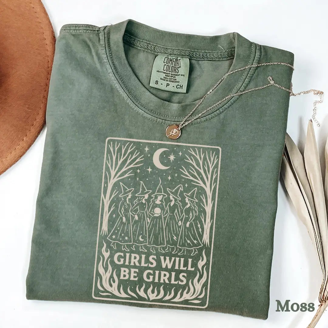 Girls Will Be Girls - Witches in Flames Comfort Colors T-Shirt alternate product view in Moss.