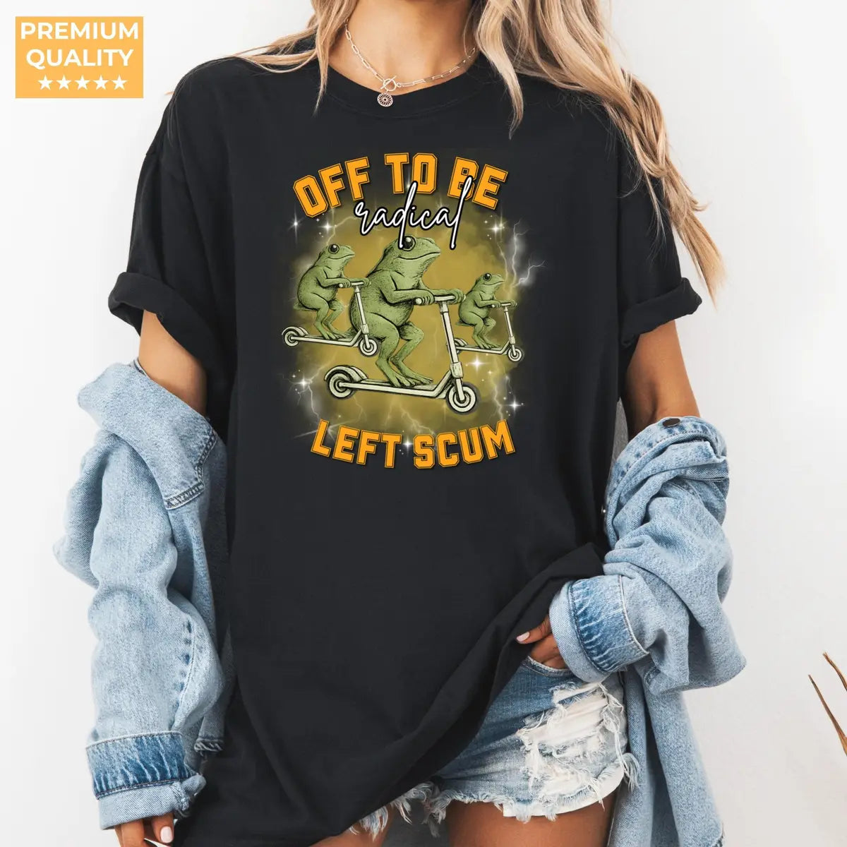 Black Comfort Colors 1717 T-shirt with Radical Left Frog on Scooter Political Meme design, alternate product view.