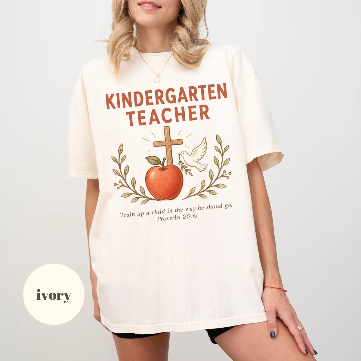 Ivory Comfort Colors 1717 T-shirt with Christian Kindergarten Teacher design view 2