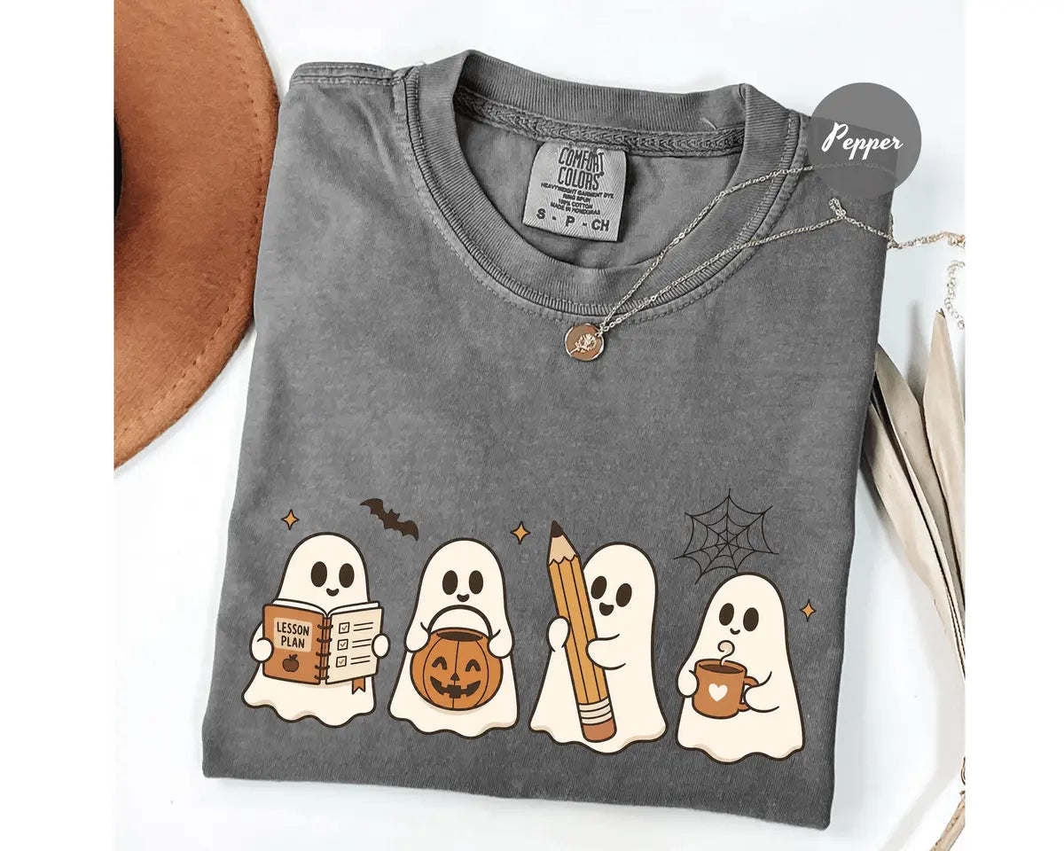 Pepper Comfort Colors 1717 T-shirt with Halloween Teacher Ghost design