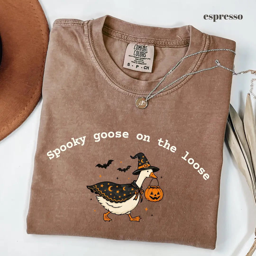 Espresso Comfort Colors 1717 T-shirt with Spooky Goose On The Loose design worn by a model
