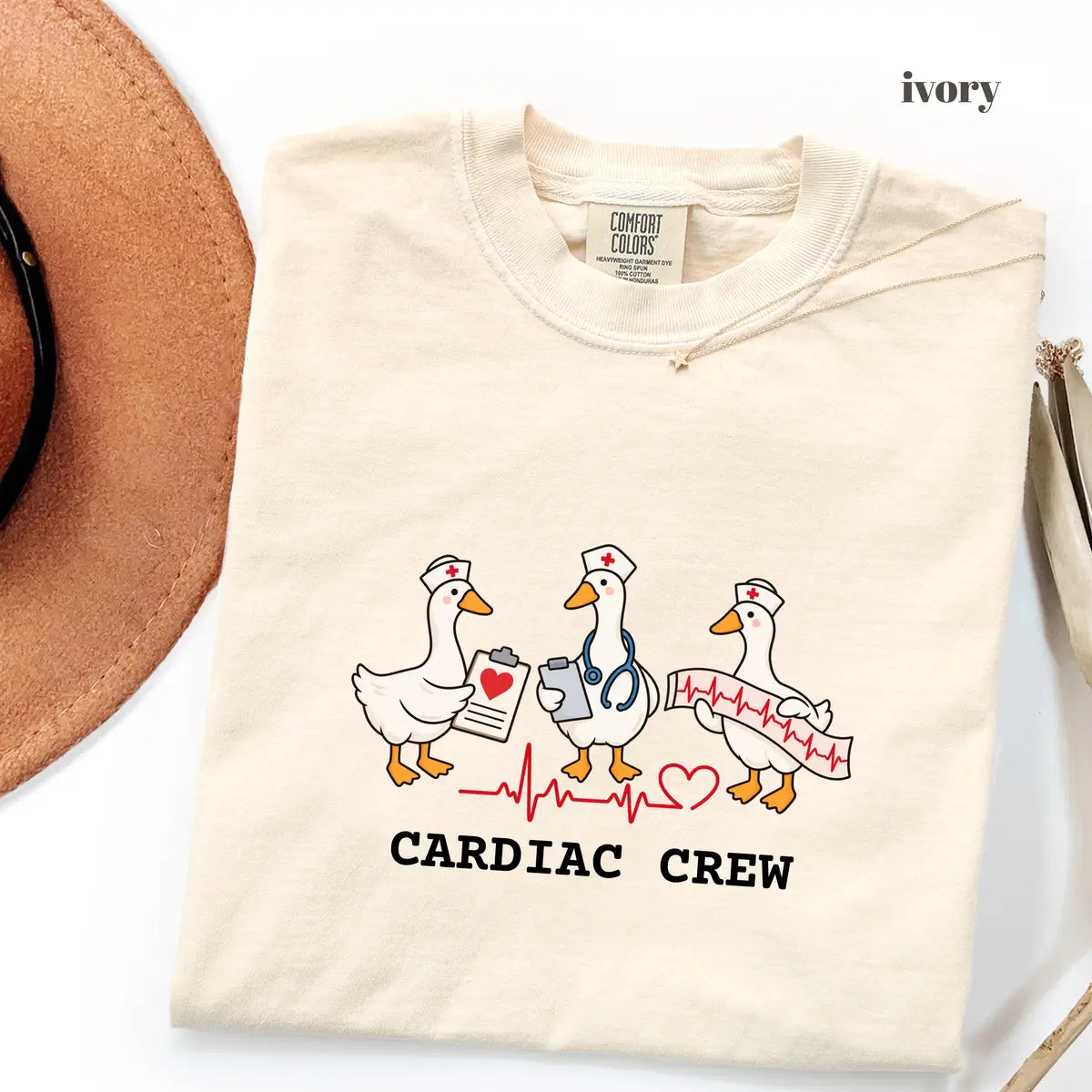 Ivory Comfort Colors 1717 T-shirt with Cardiac Nurse design worn by a model