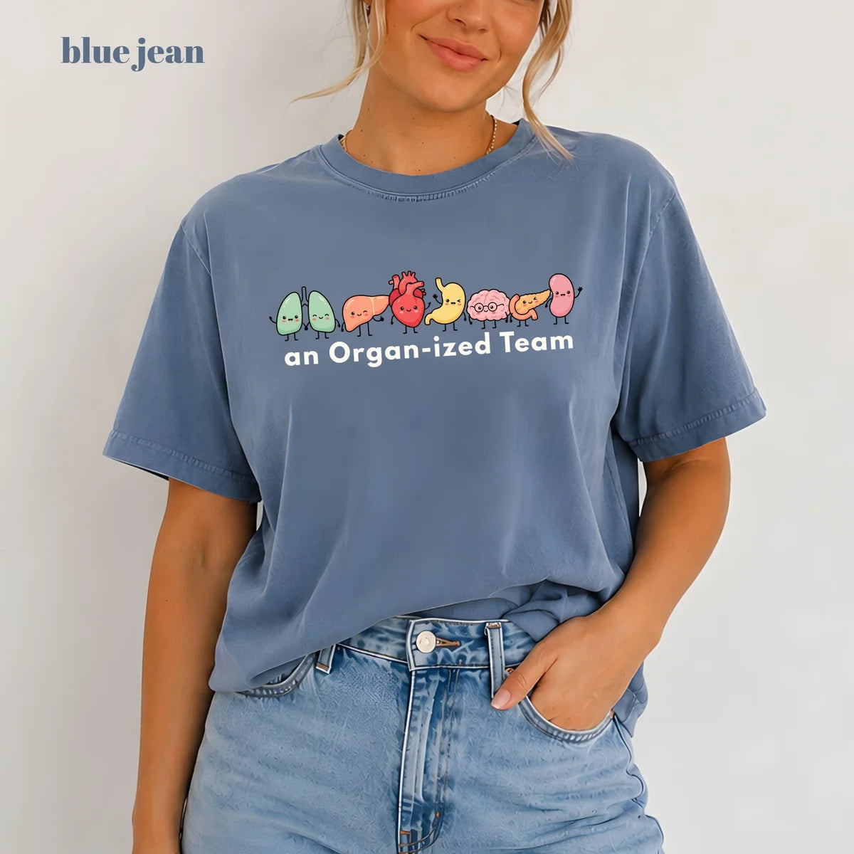 Blue Jean Comfort Colors 1717 T-shirt with Organ-ized Team design view 2