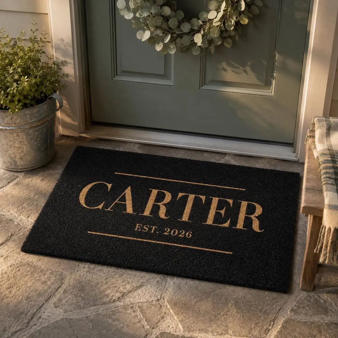 Black faux coir doormat with a gold-tone family name and established year at a green door with a wreath