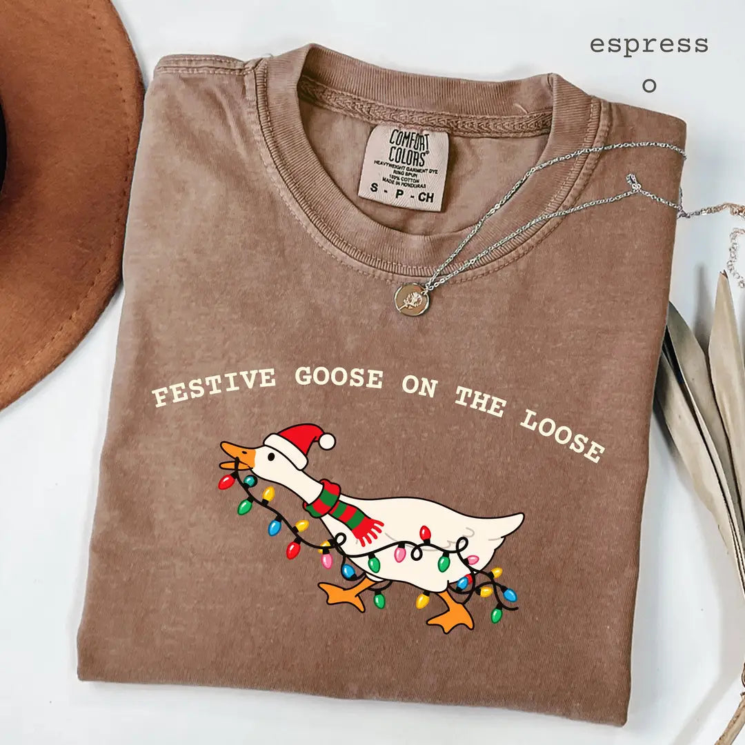Comfort Colors 1717 T-shirt with Festive Goose on the Loose Christmas design worn by a model view 4