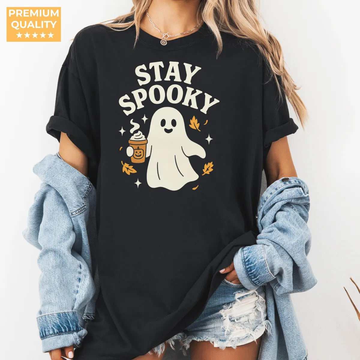 Stay Spooky Coffee Ghost - Fall Halloween Comfort Colors T-Shirt alternate product view in Black.