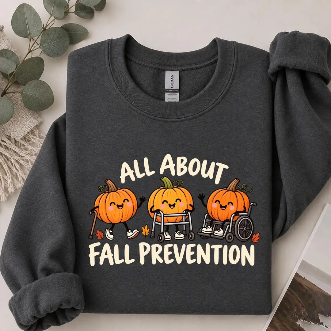 Dark Heather crewneck sweatshirt with printed pumpkins with a walker and wheelchair above the words all about fall prevention, flat lay view.