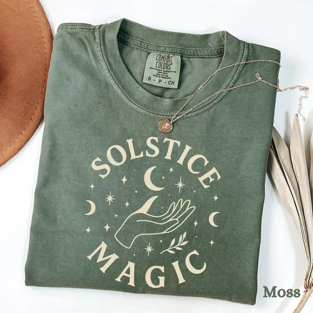 Moss Comfort Colors 1717 T-shirt with Winter Solstice design, alternate product view.