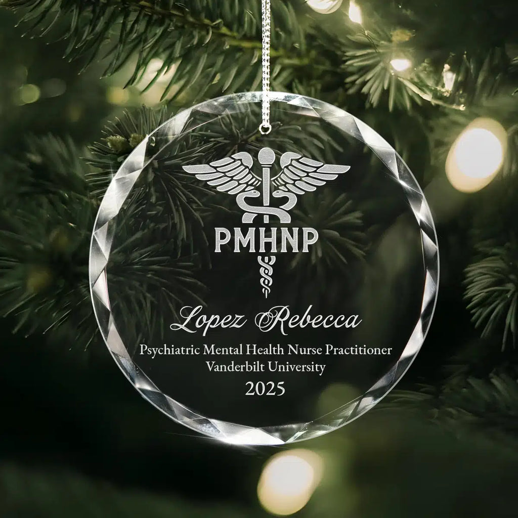 Personalized engraved crystal glass ornament featuring Psychiatric Mental Health Nurse Practitioner.