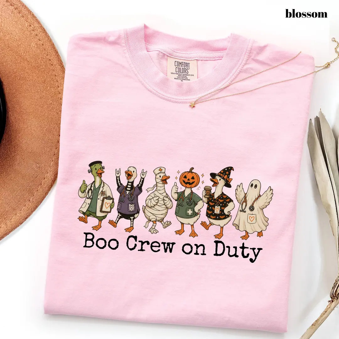 Blossom Comfort Colors 1717 T-shirt with Boo Crew on Duty Halloween Nurse design