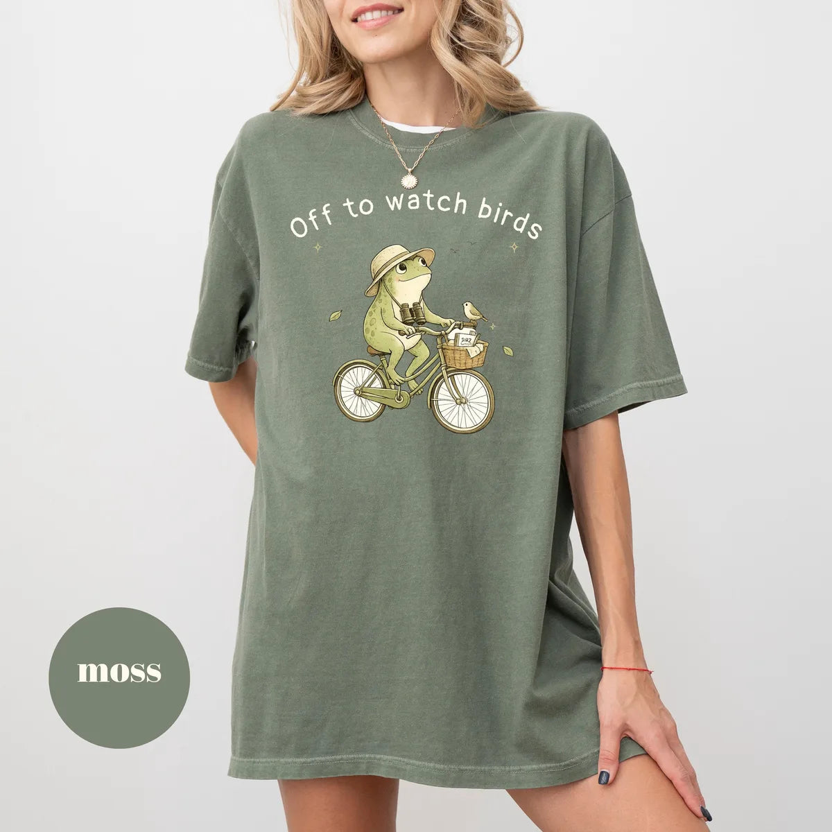 Moss Comfort Colors 1717 T-shirt with Birdwatching design worn by a model view 2