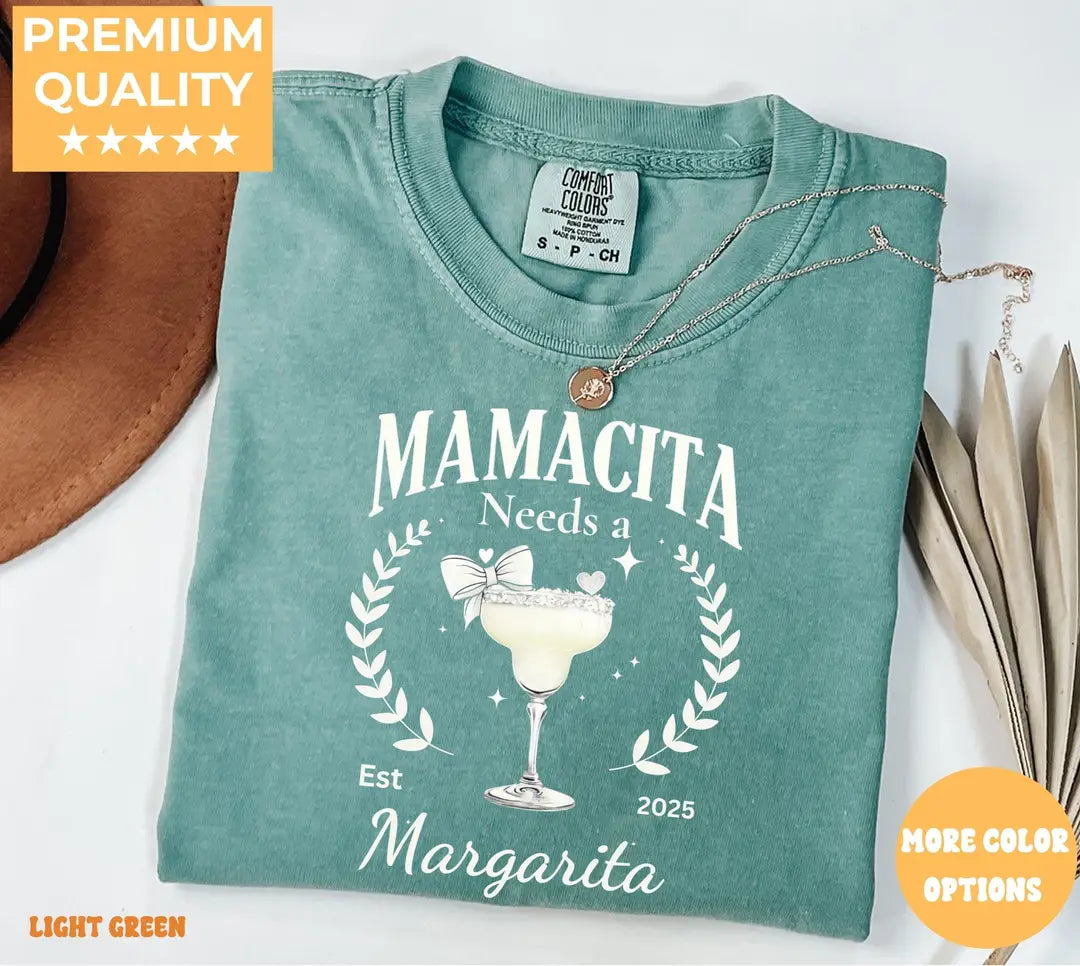 Light Green Comfort Colors 1717 T-shirt with Mamacita Needs a Margarita design, alternate product view.