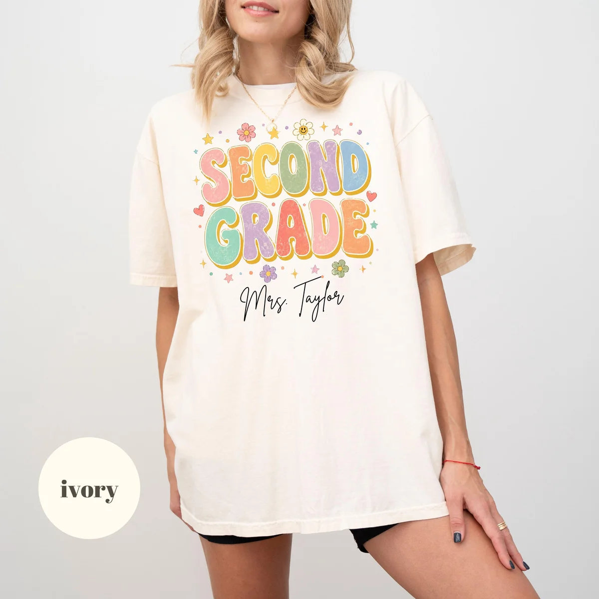 Ivory Comfort Colors 1717 T-shirt with Second Grade Teacher design