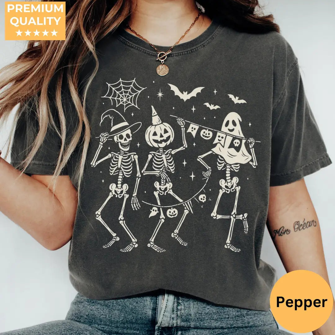 Dancing Skeleton Comfort Colors T-Shirt hero view in Pepper.