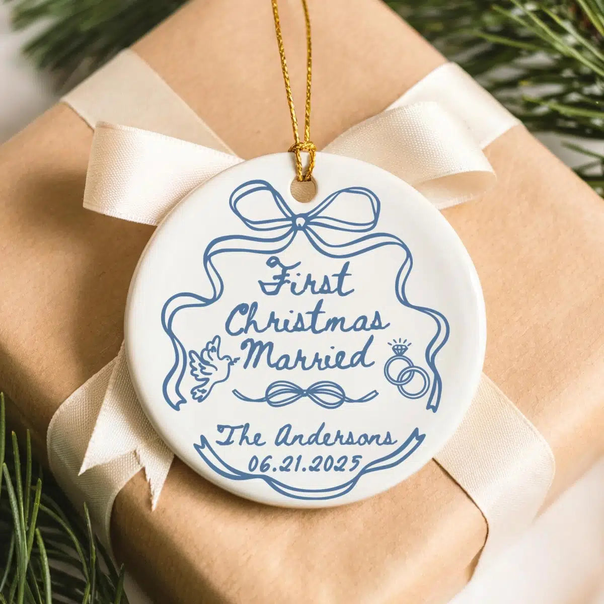 Additional view of a First Christmas Married personalized ceramic ornament.