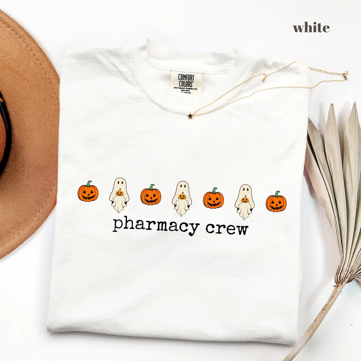 White Comfort Colors 1717 T-shirt with Pharmacy Crew Halloween design