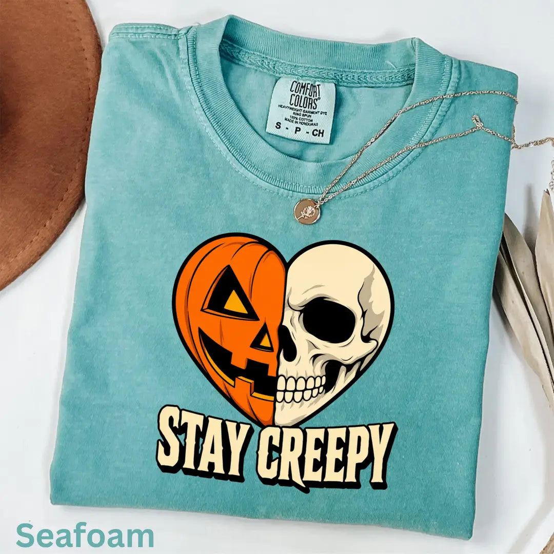 Stay Creepy Skeleton Heart Comfort Colors T-Shirt alternate product view in Seafoam.