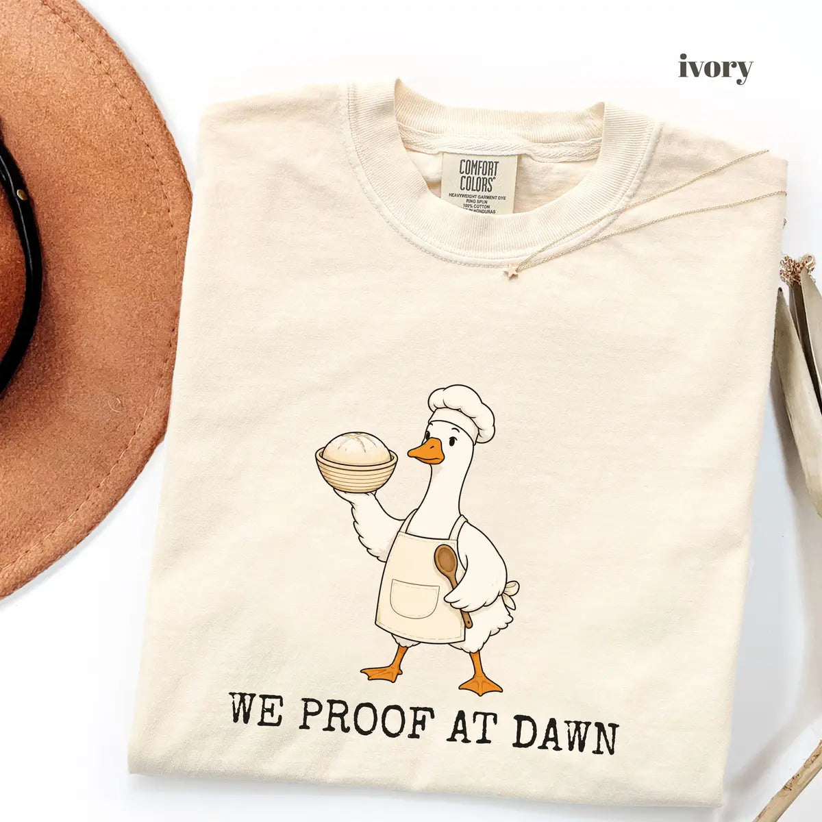 Ivory Comfort Colors 1717 T-shirt with We Proof At Dawn design worn by a model