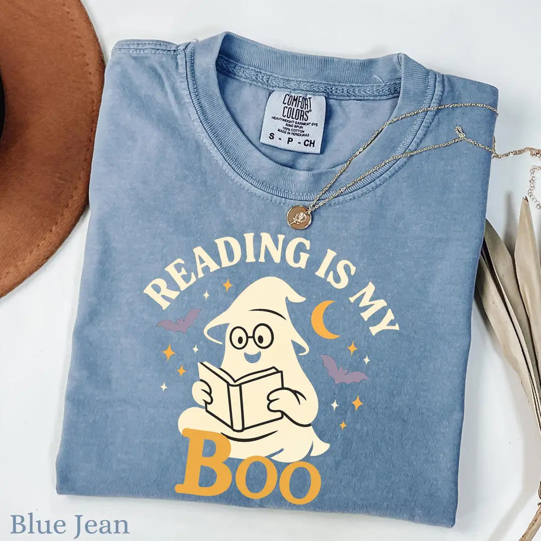 Reading Is My Boo - Ghost Book Lover Comfort Colors T-Shirt alternate product view in Blue Jean.