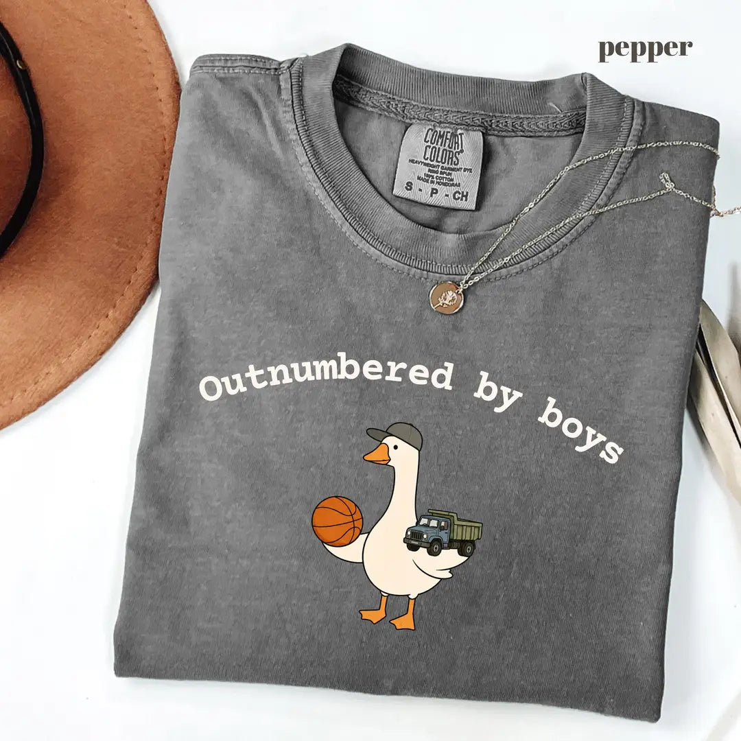 Pepper Comfort Colors 1717 T-shirt with Outnumbered By Boys design worn by a model