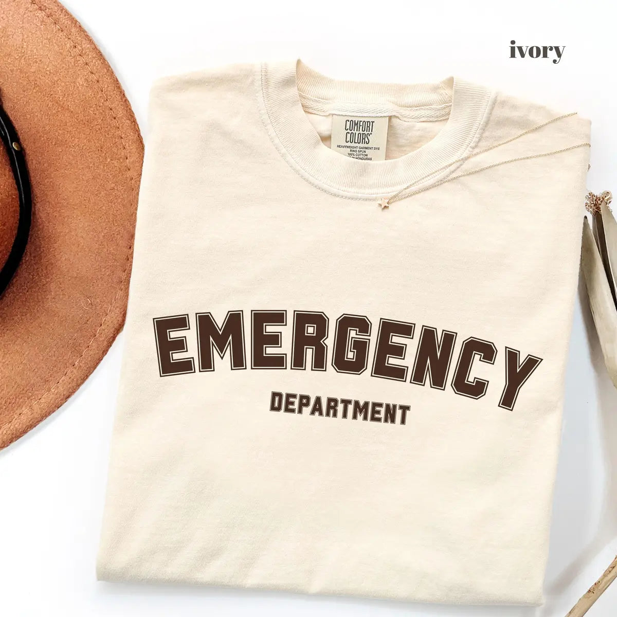 Ivory Comfort Colors 1717 T-shirt with Emergency Department design