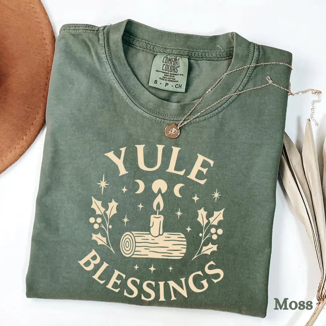 Moss Comfort Colors 1717 T-shirt with Winter Solstice design, alternate product view.