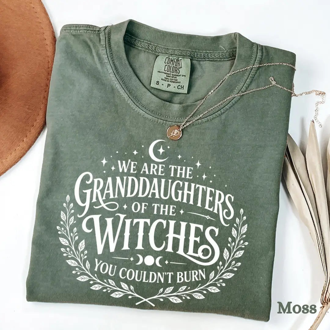 We Are the Granddaughters of the Witches You Could Not Burn Comfort Colors T-Shirt alternate product view in Moss.