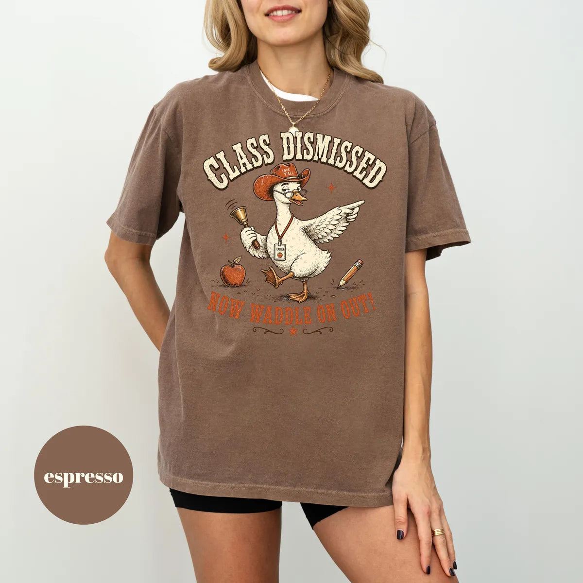 Espresso Comfort Colors 1717 T-shirt with Class Dismissed Teacher design worn by a model