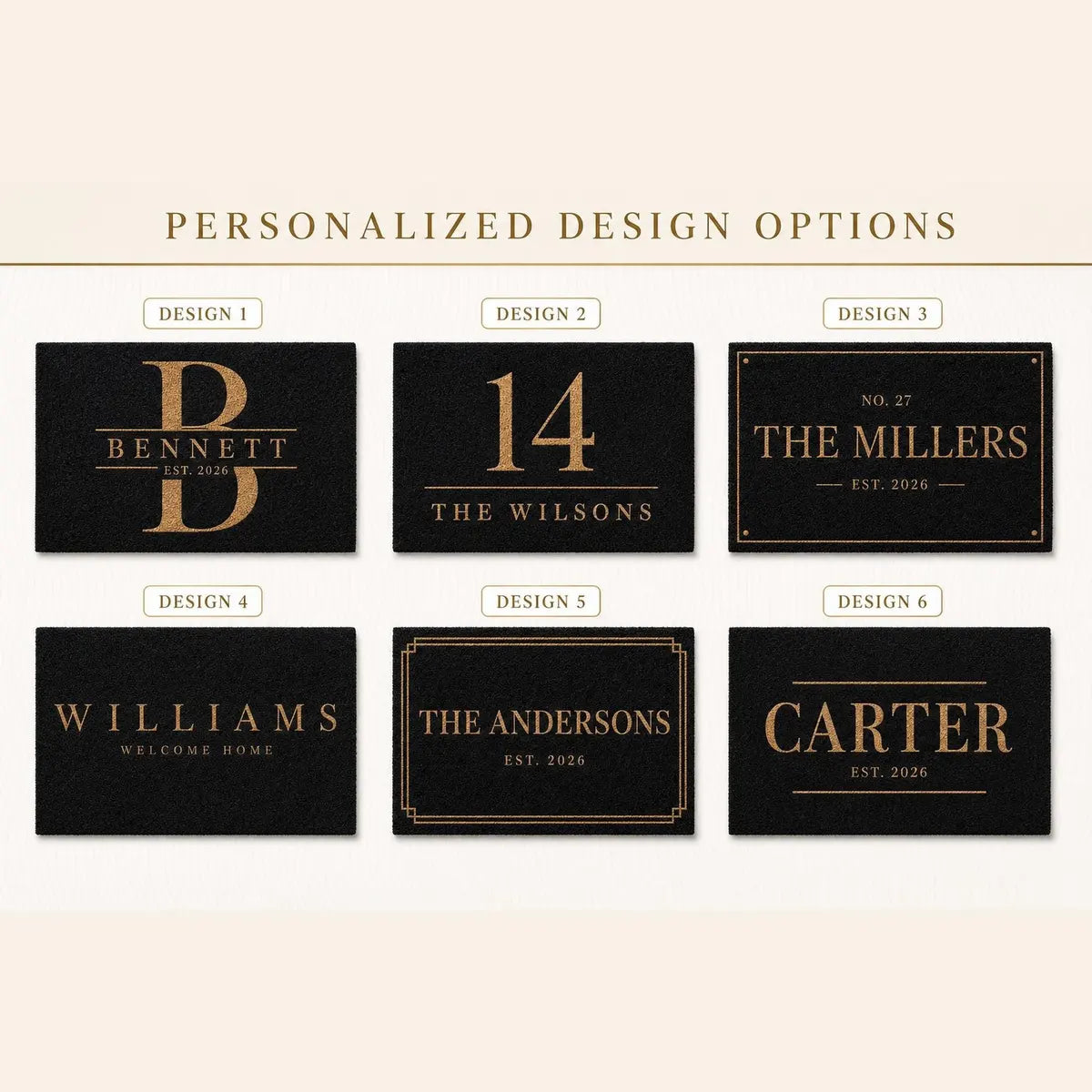 Personalized design options card showing sample black faux coir doormat layouts with gold-tone lettering