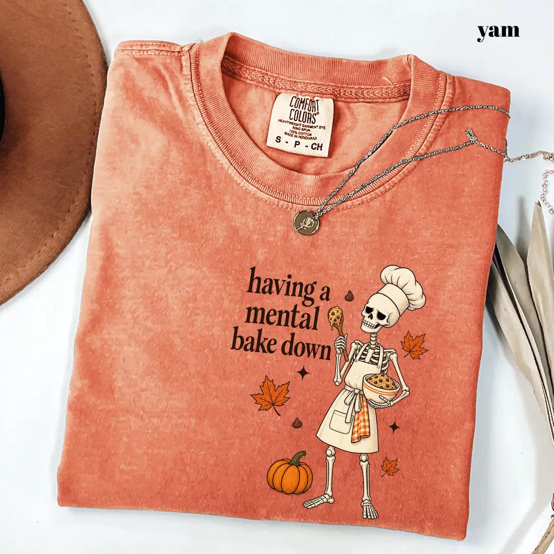 Yam Comfort Colors 1717 T-shirt with Having a Mental Bake Down design worn by a model