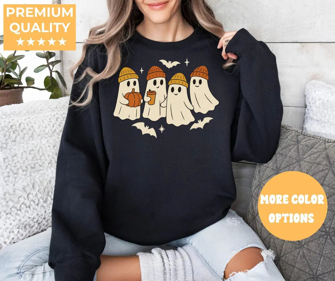 Black Crewneck sweatshirt with Ghost design, alternate product view.