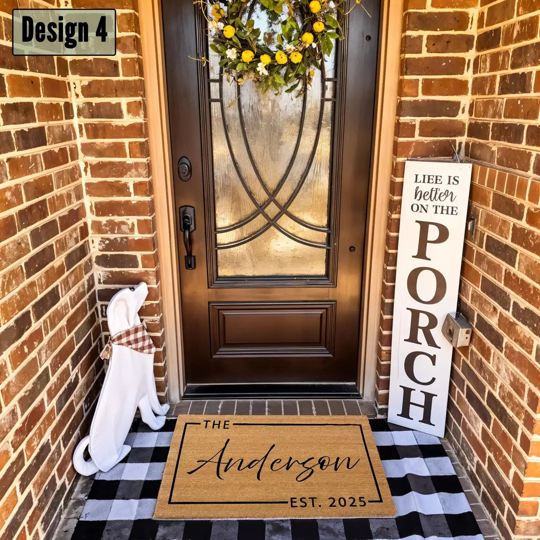 Coir doormat with a framed script family name on a black and white check rug at a brick porch with a wreath and a porch sign