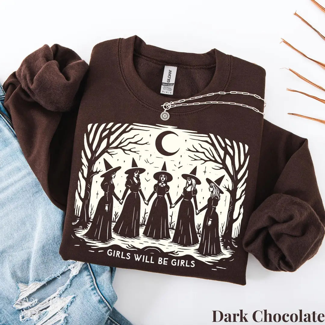 Dark Chocolate Crewneck sweatshirt with printed Vintage Girls Will Be Girls Witch design, alternate product view.