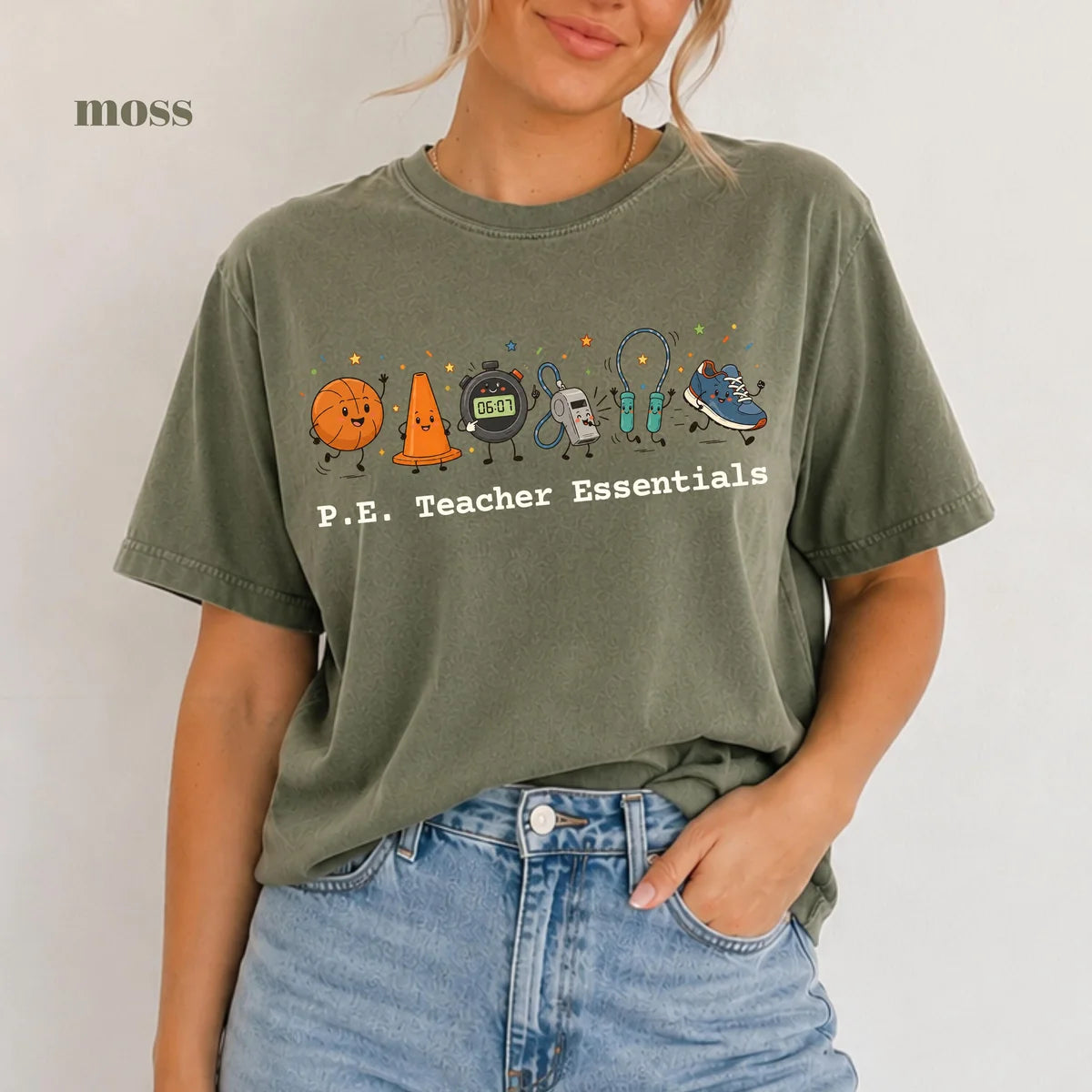 Moss Comfort Colors 1717 T-shirt with P.E Teacher Essentials design