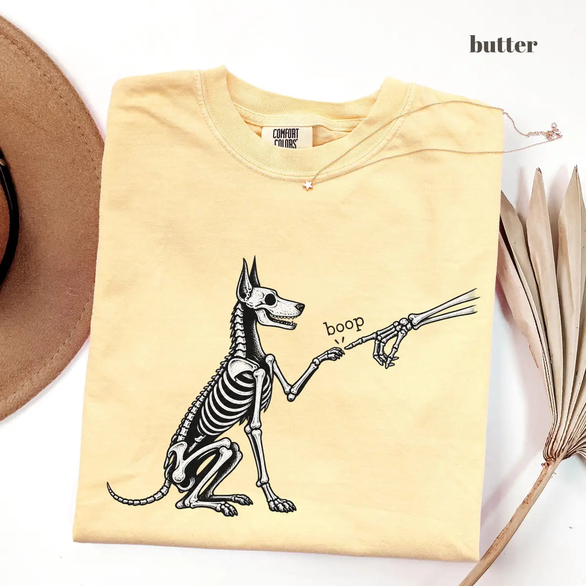 Butter Comfort Colors 1717 T-shirt with Dog Skeleton design