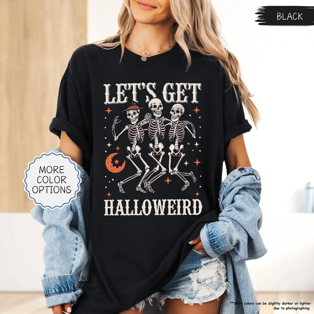 Black CF Comfort Colors 1717 T-shirt with Let's Get Halloweird Dancing Skeletons design