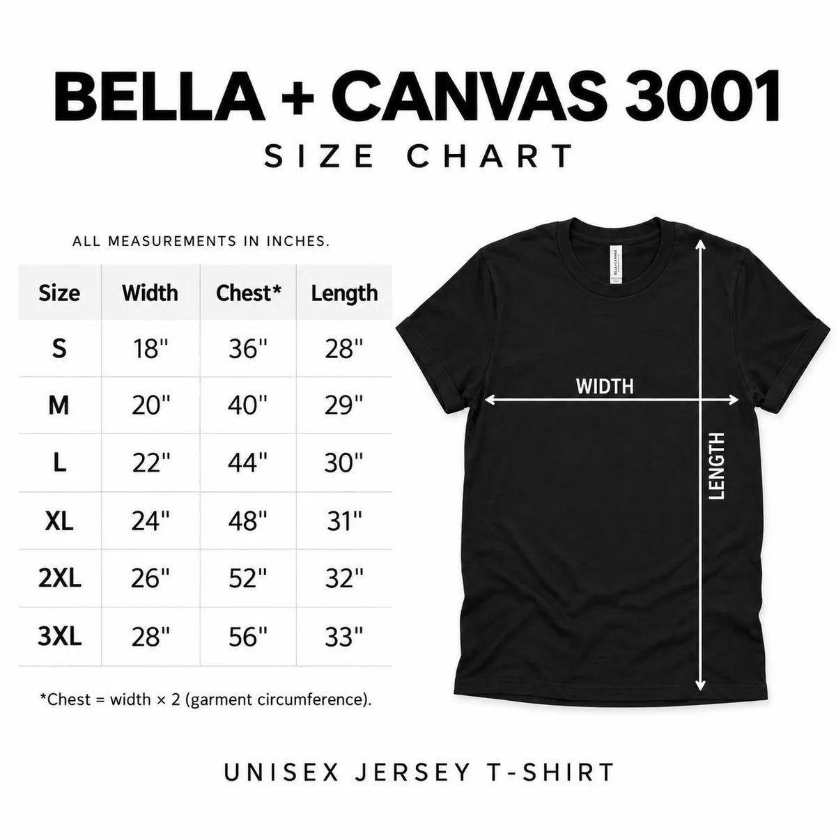 Bella Canvas 3001 T-shirt size chart with adult garment measurements