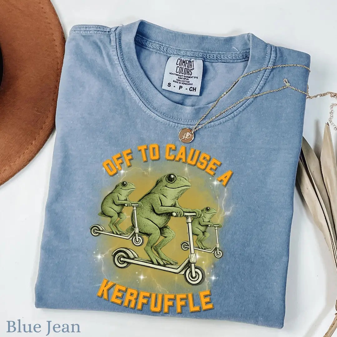 Blue Jean Comfort Colors 1717 T-shirt with Off To Cause A Kerfuffle Funny Frog Scooter Silly Animal Mental Health Adult Humor Sarcastic design, alternate product view.