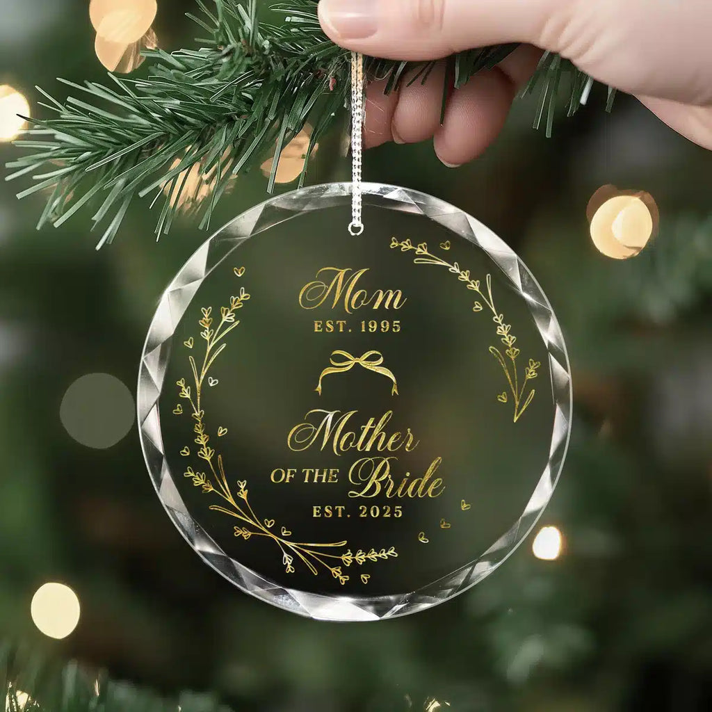 Additional view of a Mother Of Bride personalized engraved engraved crystal glass ornament.
