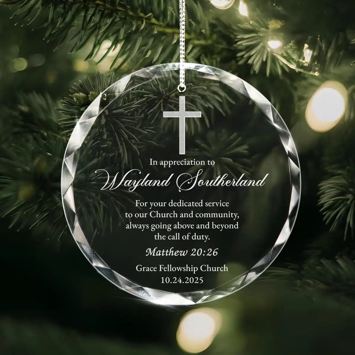 Additional view of a Church Appreciation personalized engraved engraved crystal glass ornament.