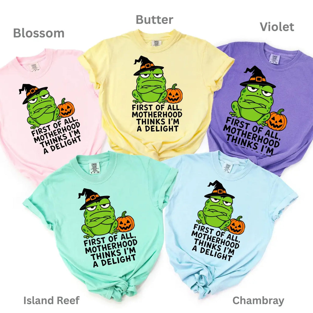 First of All Motherhood Thinks I'm a Delight - Frog Mom Comfort Colors T-Shirt alternate product view.