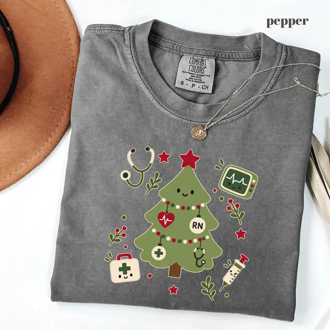 Pepper Comfort Colors 1717 T-shirt with Christmas Tree Nurse design view 2